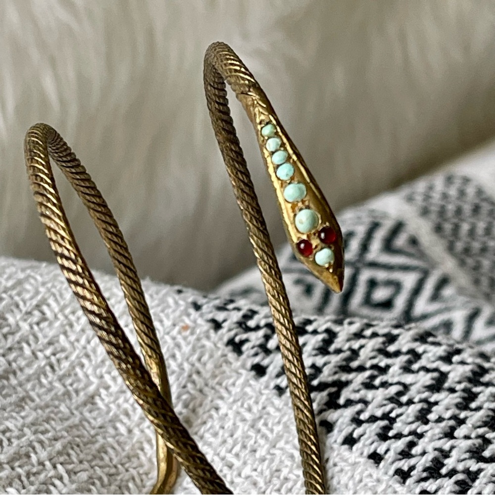 Vintage Coiled Gilt Egyptian Revival Silver Snake Bangle Turquoise Garnet Eyes - Picture 1 of 17